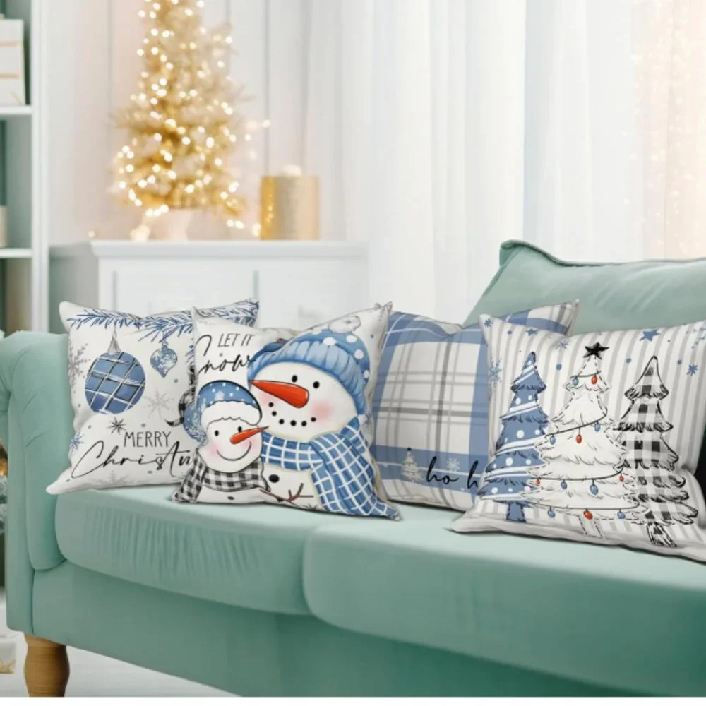 NEW SET OF 4 CHRISTMAS COTTON LINEN BLEND CHRISTMAS SEASONAL PILLOW COVERS 18